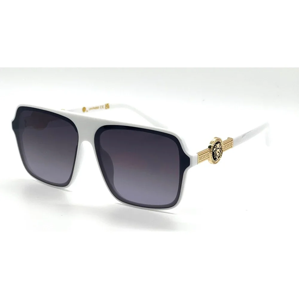 Mens White Oversized Square Sunglasses Gold‎ Lion Head Medallion Streetwear Rap